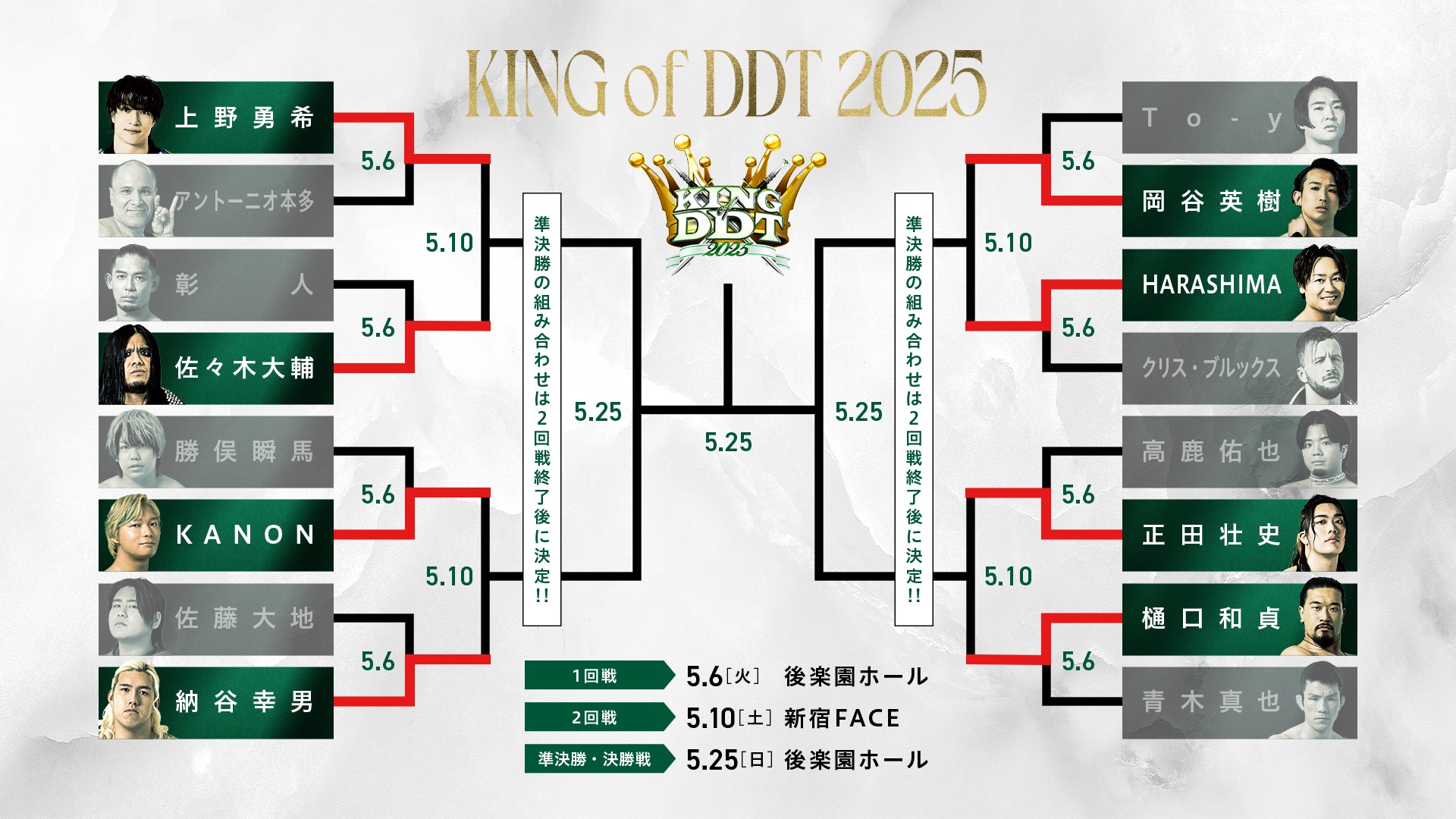 5月10日新宿大会全カード決定／DDT最強決定トーナメント「KING OF DDT 2025」2回戦4試合開催！　タイトルマッチ級の顔合わせが実現、佐々木vs上野！　初の準決勝進出はどっちだ、納谷vsKANON！　王者・クリスを秒殺し勢いに乗るHARASHIMAは岡谷と激突！　青木を激闘の末下した樋口が正田を迎え撃つ！