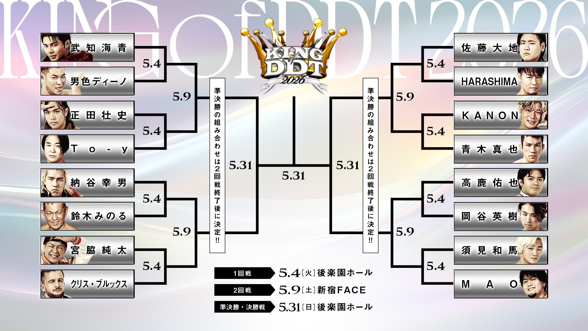 DDT最強決定トーナメント「KING OF DDT 2026」トーナメント組み合わせ決定！　禁断の一戦がついに実現……ディーノvs“THE RAMPAGE”武知！　注目の“師弟”対決、MAOvs須見！　初エントリーのみのるは納谷と激突！　青木vsKANON！　クリスvs宮脇！