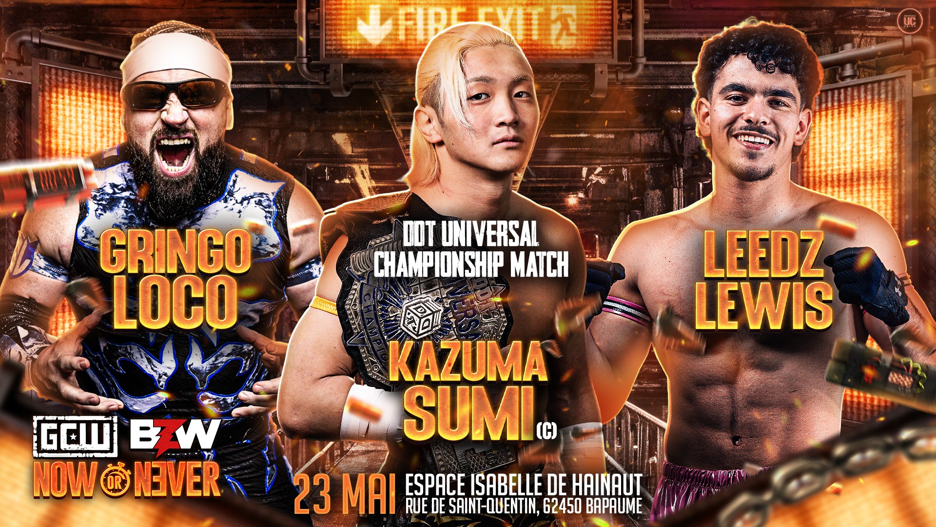 5月23日フランスで行われるBZW×GCW合同興行にて、須見のUNIVERSAL王座防戦が決定！　第16代王者グリンゴ・ロコ、新鋭リーズ・ルイスを迎え撃つ！　さらにMAO&ヨシヒコのBZWタッグ王座防衛戦も決定！